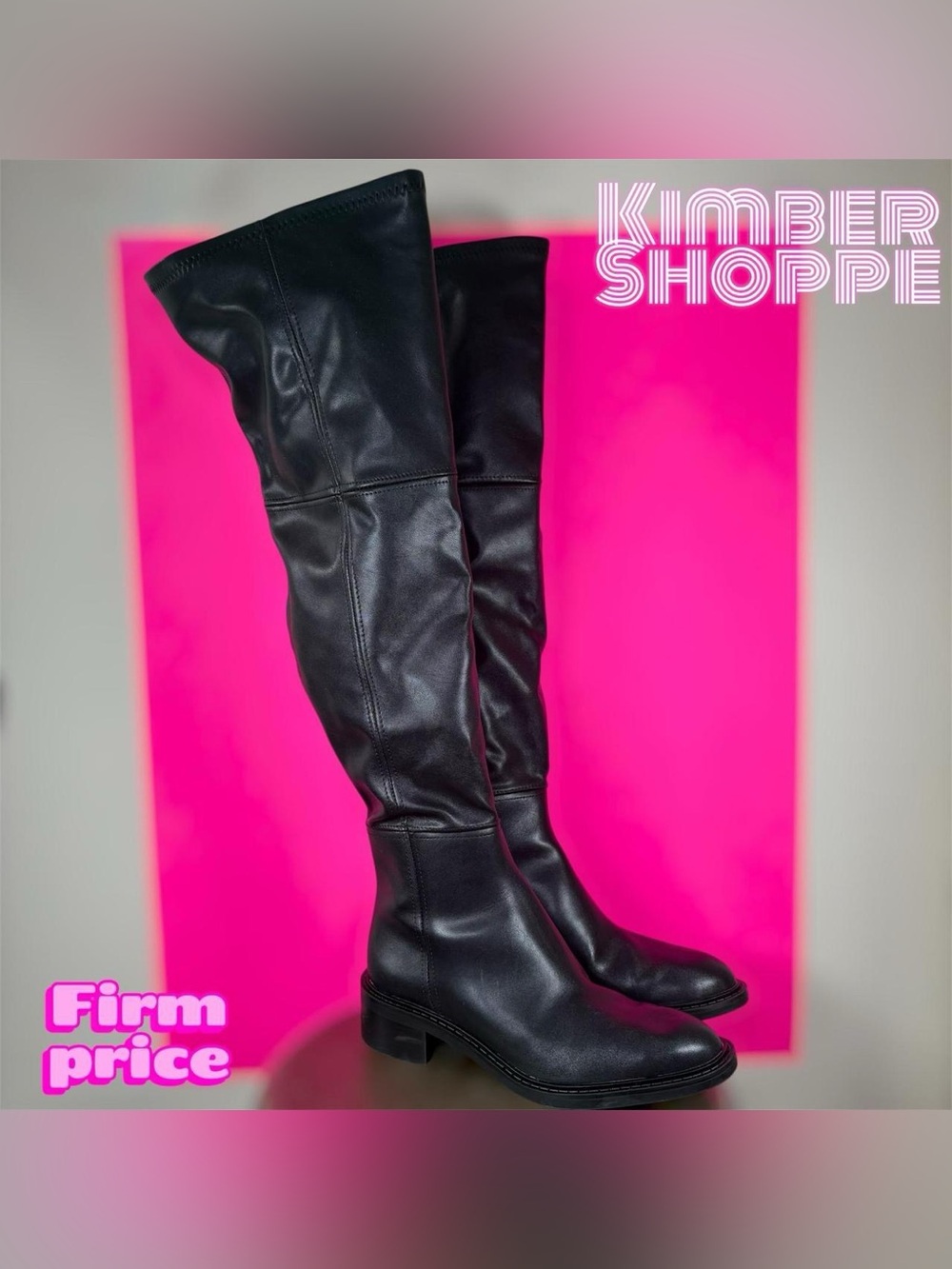 Zara Black Leather Low Block Heel Over the Knee Boot EU 36 US 6
